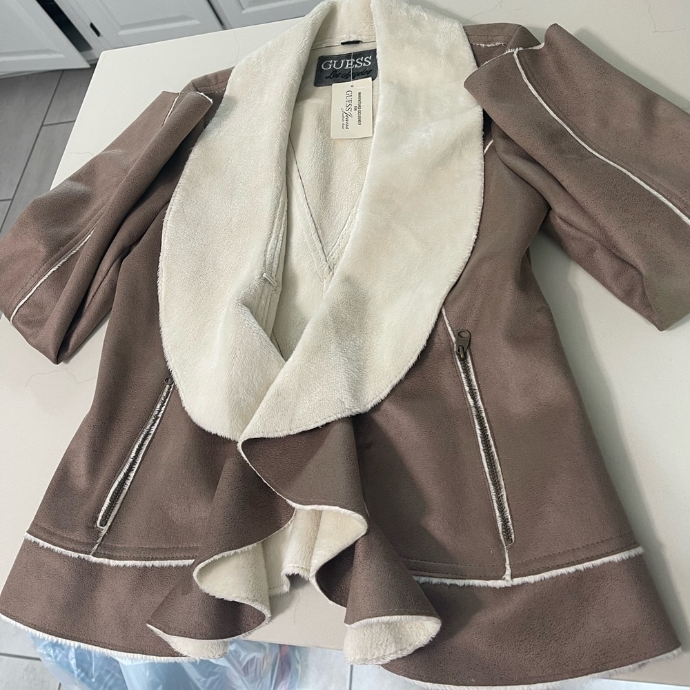 Guess Taupe Brown Coat with Cream Faux Shearling Collar NWT